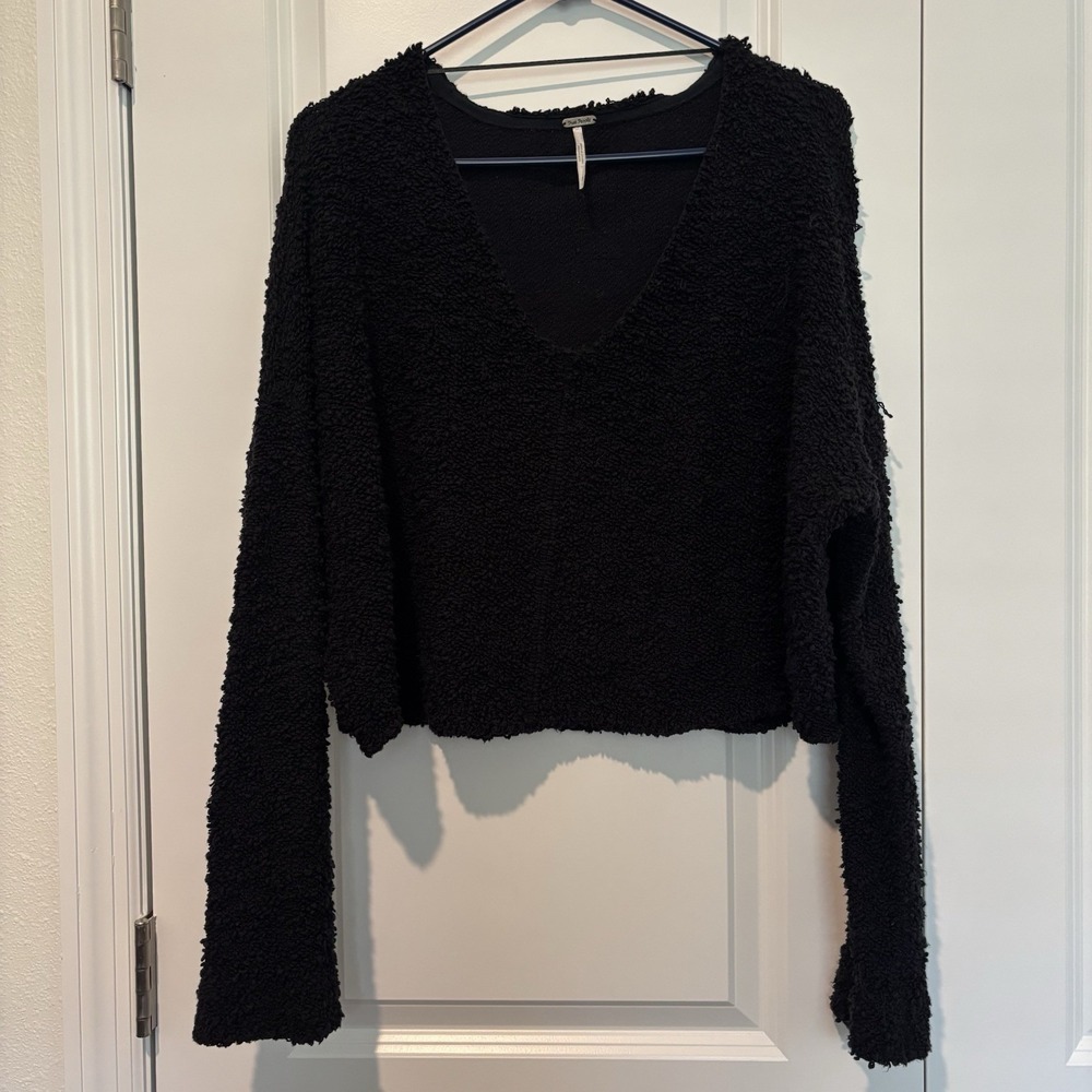 Free People‎ Women Sweater S Black Cropped Popcorn Pullover Long Sleeve